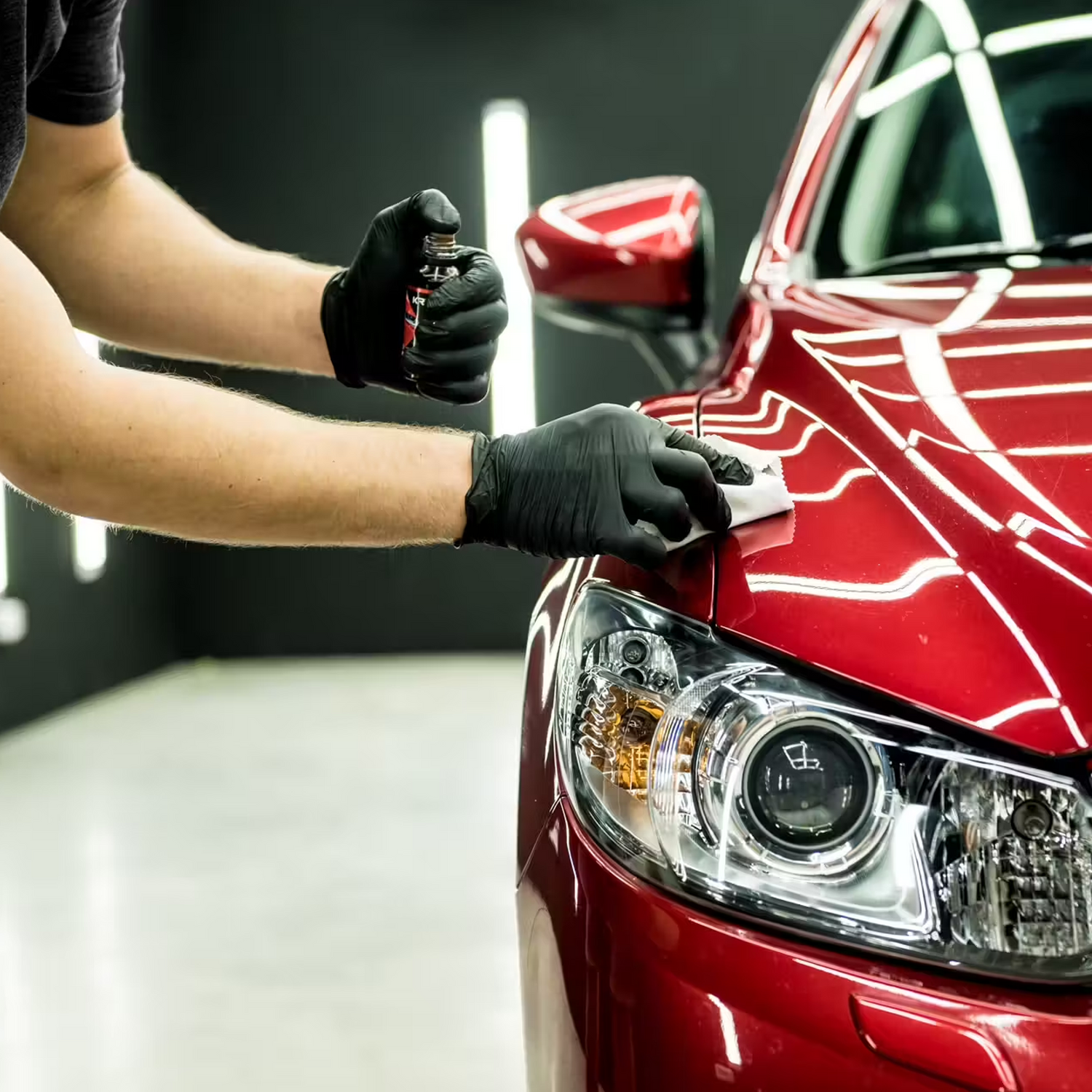 Applying ceramic coating near me: a technician in black gloves carefully applies a protective layer to the glossy red surface of a car. This image illustrates the meticulous process of ceramic coating application, a service you can find near you to protect your vehicle's paint. The technician is shown using a small applicator and spray bottle, indicating the professional application of a durable ceramic coating. Consider ceramic coating near me for long-lasting shine and protection against environmental ele